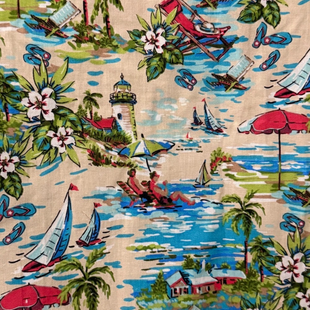 Tropical Hawaiian Beach Scene Ruffle Hem Mini Dress Size XL Tan Blue Handmade - Picture 3 of 8